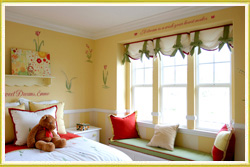 kid's room wall decal above three paneled window in girl's bedroom